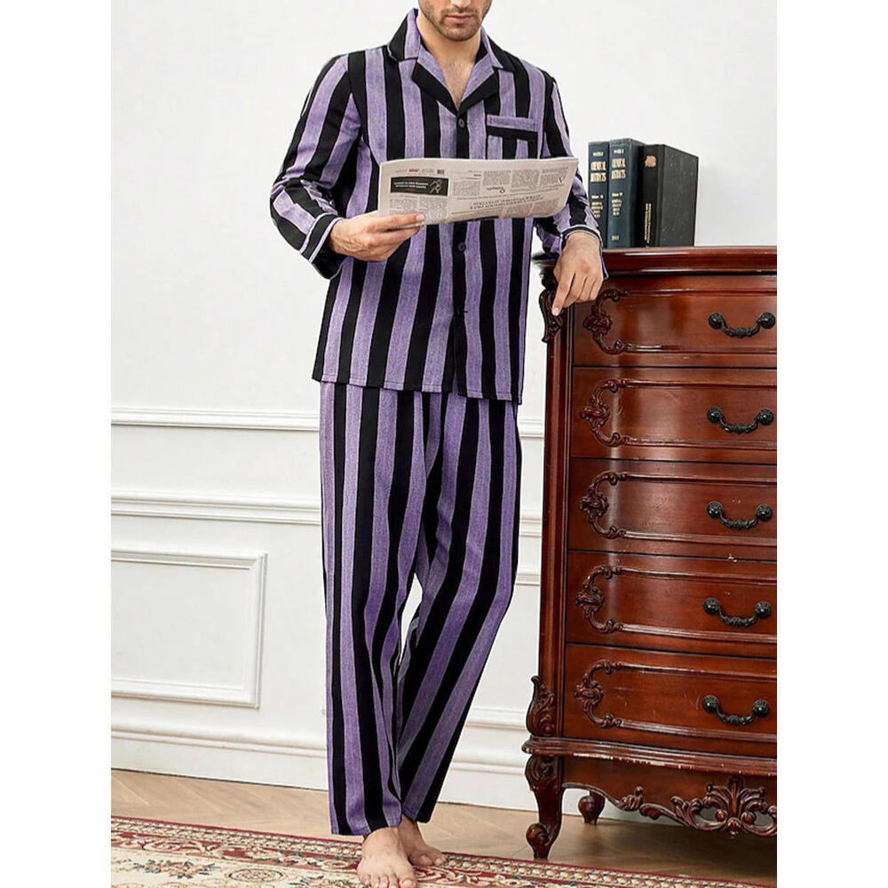 Mens Black and Lilac Purple Striped Pajamas